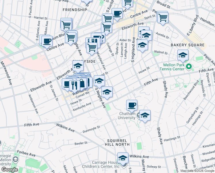map of restaurants, bars, coffee shops, grocery stores, and more near 5747 Howe Street in Pittsburgh