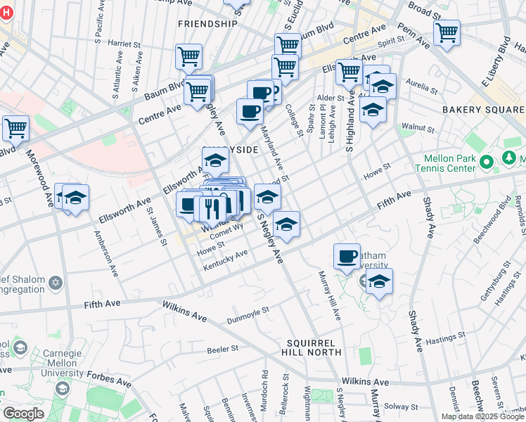 map of restaurants, bars, coffee shops, grocery stores, and more near in Pittsburgh