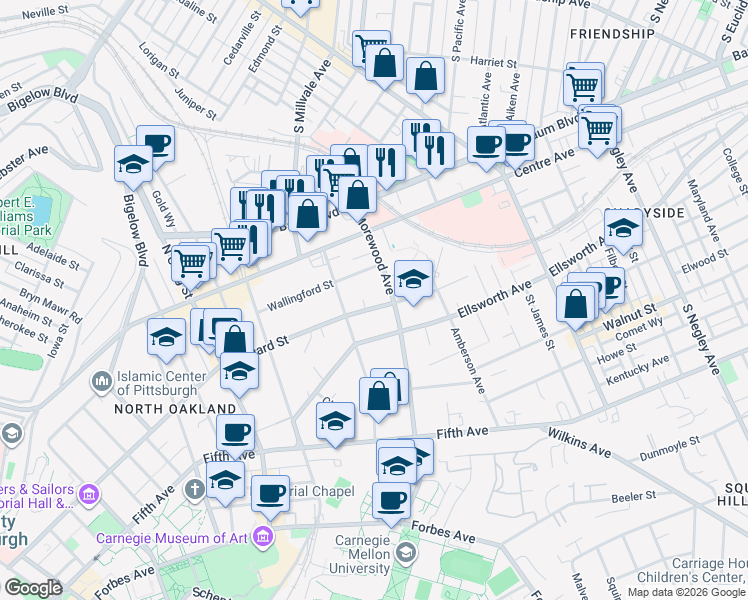 map of restaurants, bars, coffee shops, grocery stores, and more near 4939 Bayard Street in Pittsburgh