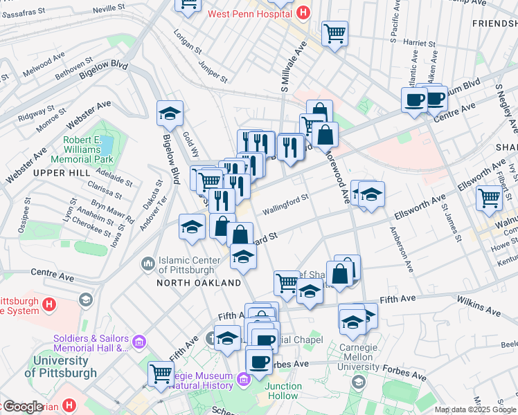 map of restaurants, bars, coffee shops, grocery stores, and more near 4719 Wallingford Street in Pittsburgh