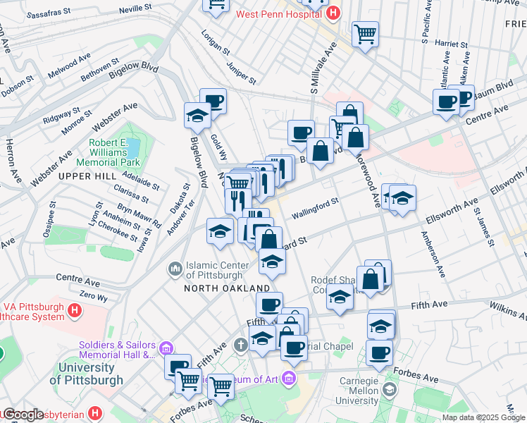 map of restaurants, bars, coffee shops, grocery stores, and more near 4635 Centre Avenue in Pittsburgh