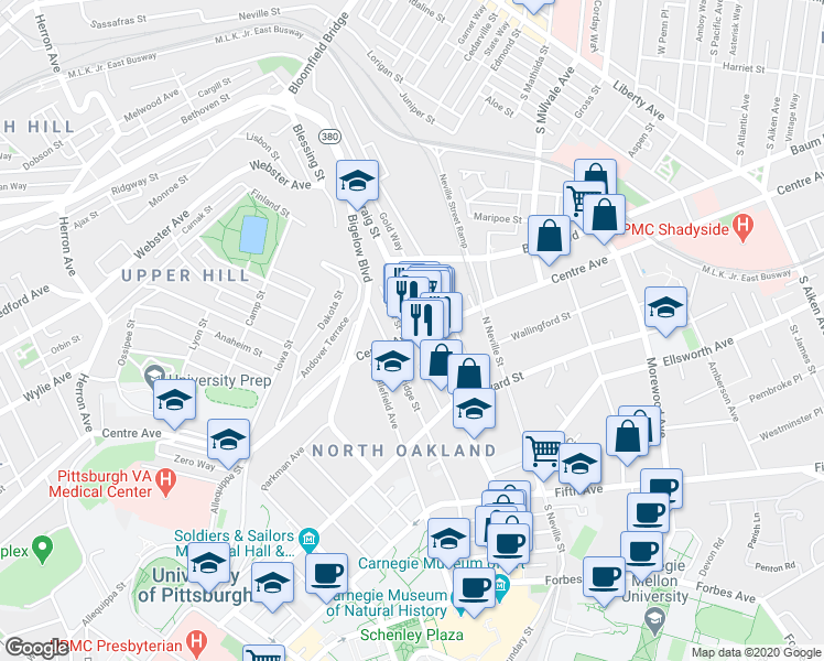 map of restaurants, bars, coffee shops, grocery stores, and more near 4519 Centre Avenue in Pittsburgh
