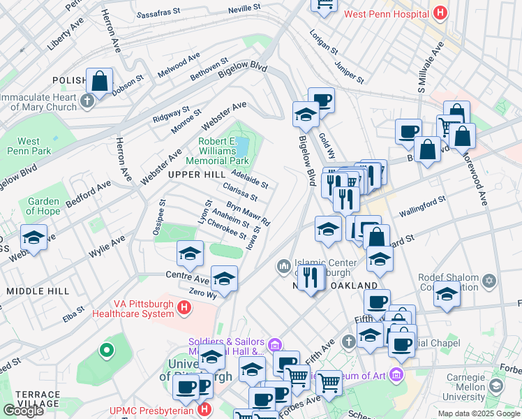map of restaurants, bars, coffee shops, grocery stores, and more near 928 Clarissa Street in Pittsburgh