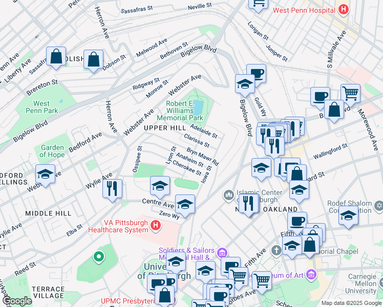 map of restaurants, bars, coffee shops, grocery stores, and more near in Pittsburgh