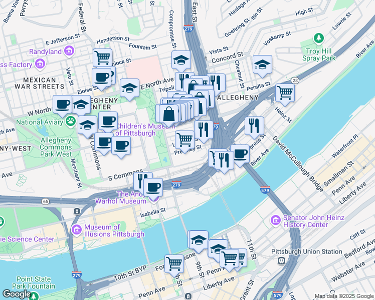 map of restaurants, bars, coffee shops, grocery stores, and more near 510 Pressley Street in Pittsburgh