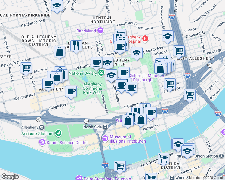 map of restaurants, bars, coffee shops, grocery stores, and more near 43 Foster Square in Pittsburgh