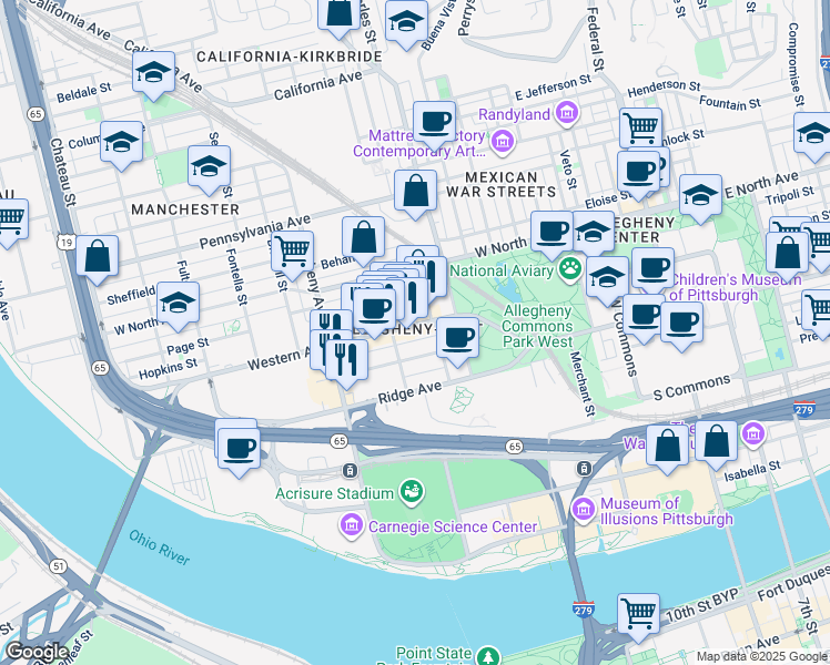 map of restaurants, bars, coffee shops, grocery stores, and more near 847 Western Avenue in Pittsburgh