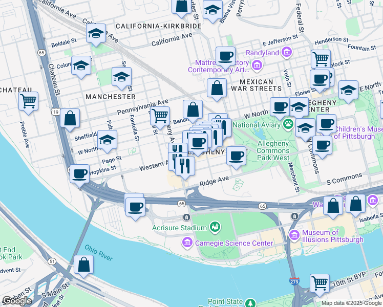 map of restaurants, bars, coffee shops, grocery stores, and more near 922 Western Avenue in Pittsburgh