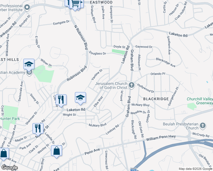 map of restaurants, bars, coffee shops, grocery stores, and more near 2129 Laketon Road in Pittsburgh