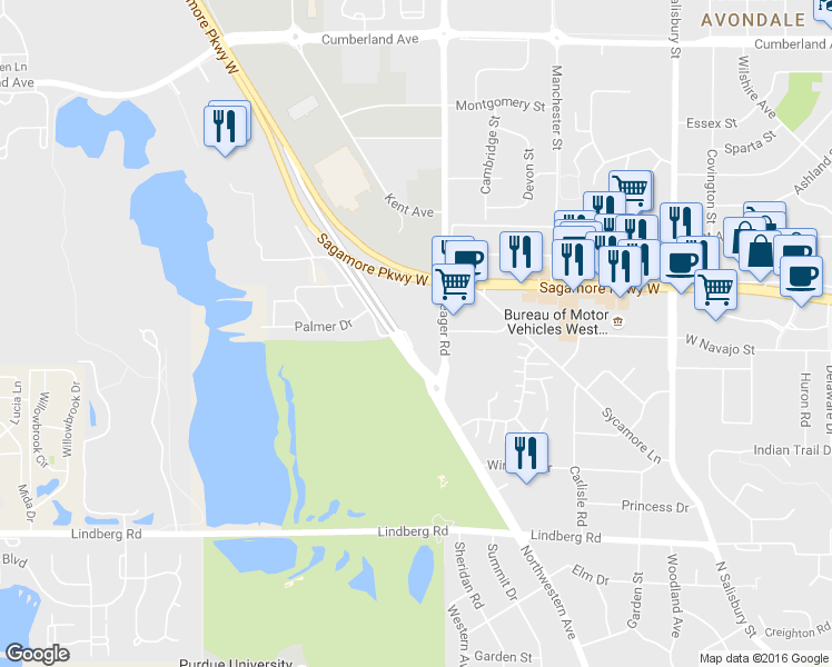 map of restaurants, bars, coffee shops, grocery stores, and more near 2336 Northwestern Avenue in West Lafayette