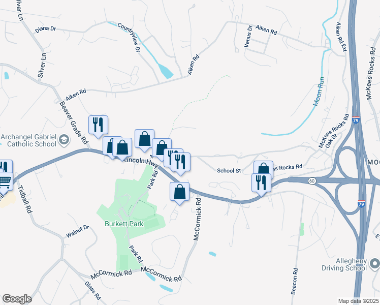 map of restaurants, bars, coffee shops, grocery stores, and more near 1023 Moon Run Road in McKees Rocks