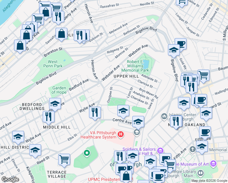 map of restaurants, bars, coffee shops, grocery stores, and more near 652 Bryn Mawr Road in Pittsburgh