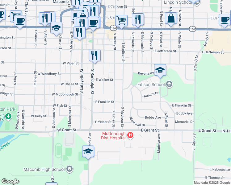 map of restaurants, bars, coffee shops, grocery stores, and more near 500-550 S Dudley St in Macomb