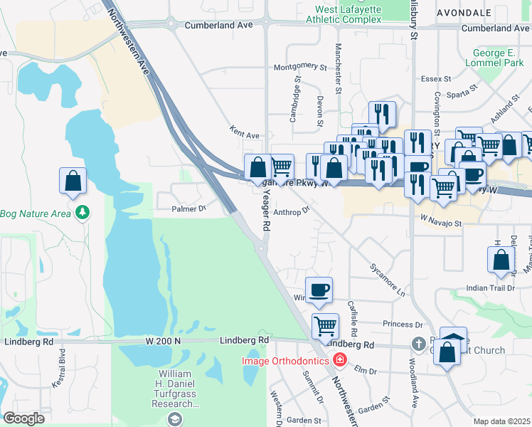 map of restaurants, bars, coffee shops, grocery stores, and more near 2363 Yeager Road in West Lafayette
