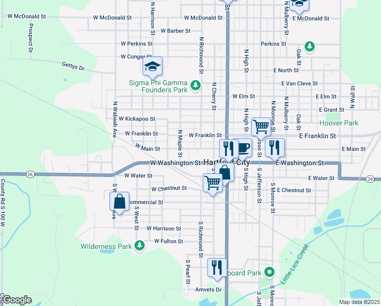 map of restaurants, bars, coffee shops, grocery stores, and more near 501 West Main Street in Hartford City