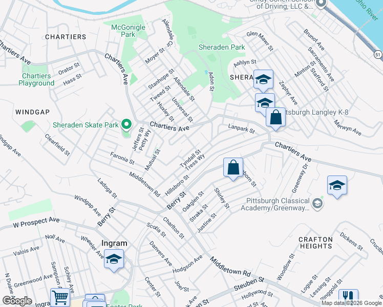 map of restaurants, bars, coffee shops, grocery stores, and more near 1210 Tyndall Street in Pittsburgh