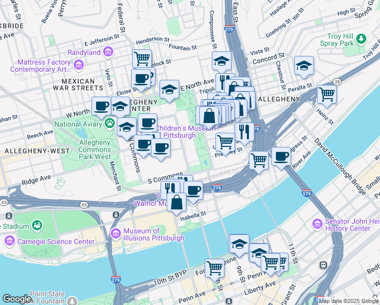 map of restaurants, bars, coffee shops, grocery stores, and more near 113 East Commons in Pittsburgh