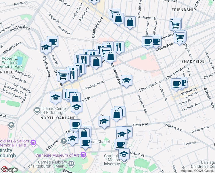 map of restaurants, bars, coffee shops, grocery stores, and more near 419 Devonshire Street in Pittsburgh