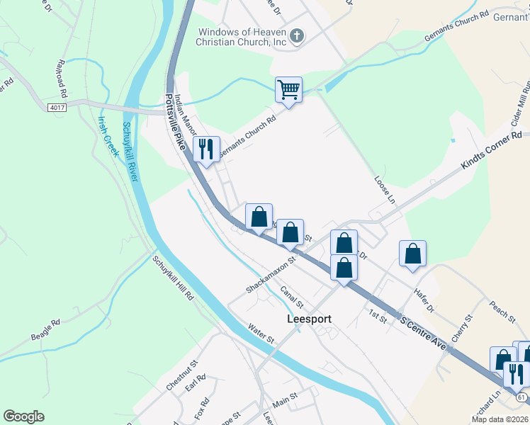 map of restaurants, bars, coffee shops, grocery stores, and more near 201 Spring Garden St in Leesport
