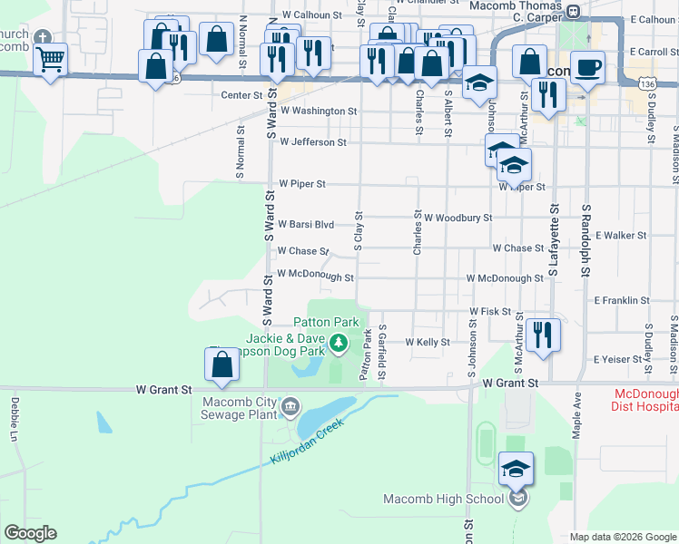 map of restaurants, bars, coffee shops, grocery stores, and more near 700-798 W McDonough St in Macomb