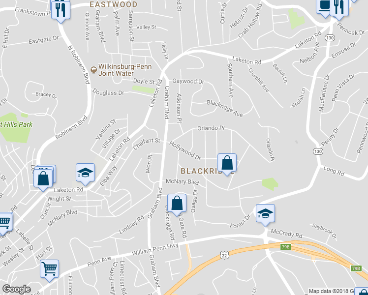 map of restaurants, bars, coffee shops, grocery stores, and more near 2331 Hollywood Drive in Pittsburgh
