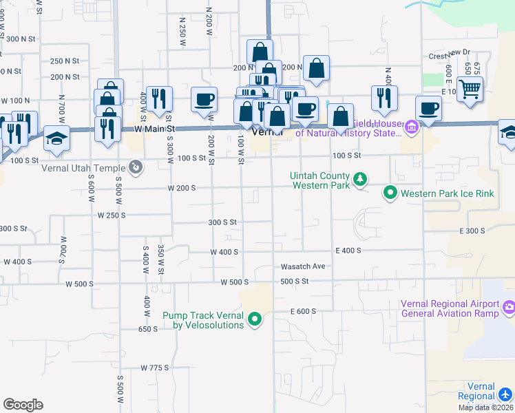map of restaurants, bars, coffee shops, grocery stores, and more near 50 300 South Street in Vernal