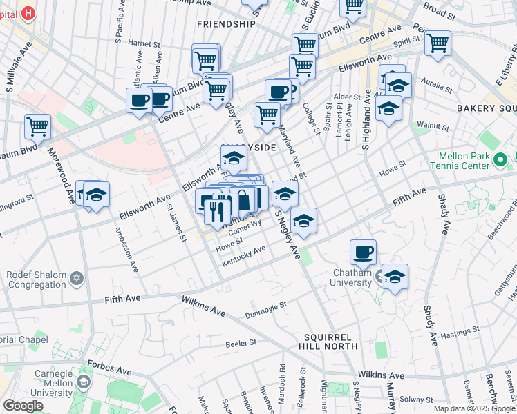 map of restaurants, bars, coffee shops, grocery stores, and more near 5601 Walnut Street in Pittsburgh