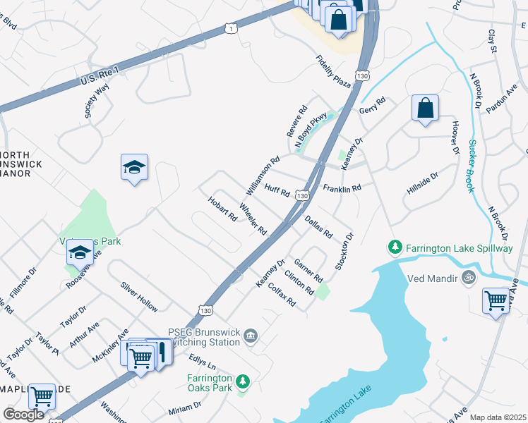 map of restaurants, bars, coffee shops, grocery stores, and more near 390 Sherman Road in North Brunswick Township