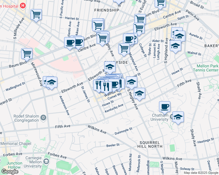 map of restaurants, bars, coffee shops, grocery stores, and more near 722 Filbert Street in Pittsburgh