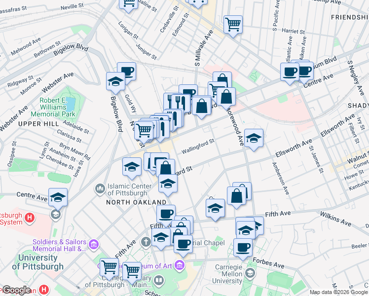 map of restaurants, bars, coffee shops, grocery stores, and more near 4719 Wallingford Street in Pittsburgh