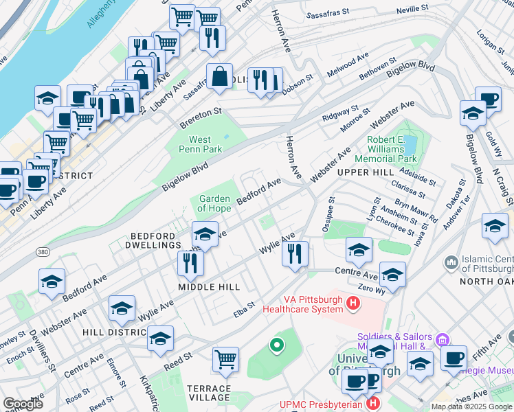 map of restaurants, bars, coffee shops, grocery stores, and more near 711 Webster Terrace in Pittsburgh