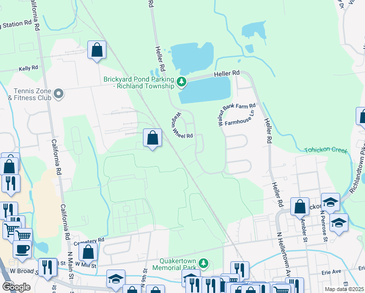 map of restaurants, bars, coffee shops, grocery stores, and more near 1238 Fieldstone Court in Quakertown