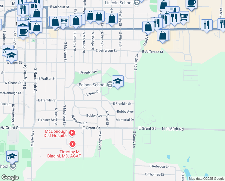 map of restaurants, bars, coffee shops, grocery stores, and more near 521 South Pearl Street in Macomb