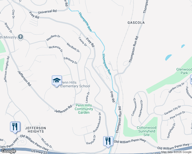 map of restaurants, bars, coffee shops, grocery stores, and more near 212 McAlister Drive in Pittsburgh