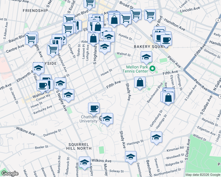 map of restaurants, bars, coffee shops, grocery stores, and more near 144 North Woodland Road in Pittsburgh