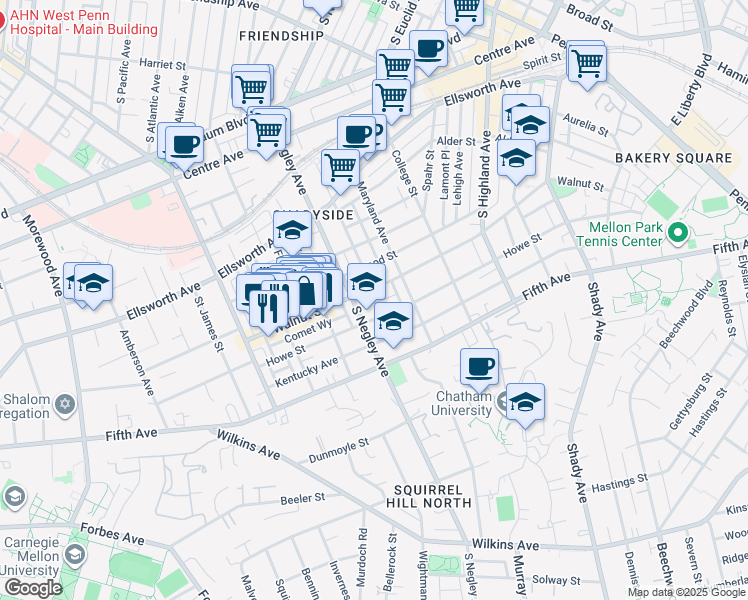 map of restaurants, bars, coffee shops, grocery stores, and more near in Pittsburgh