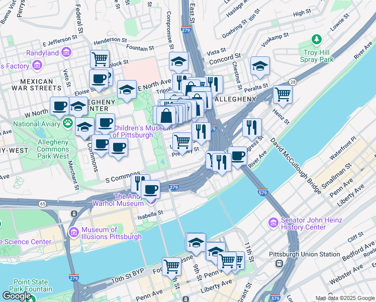 map of restaurants, bars, coffee shops, grocery stores, and more near Pressley Street in Pittsburgh