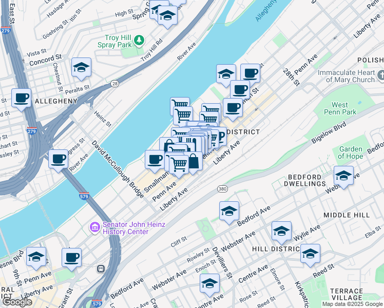 map of restaurants, bars, coffee shops, grocery stores, and more near 2101 Smallman Street in Pittsburgh