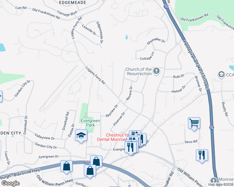 map of restaurants, bars, coffee shops, grocery stores, and more near 3983 Logans Ferry Road in Monroeville