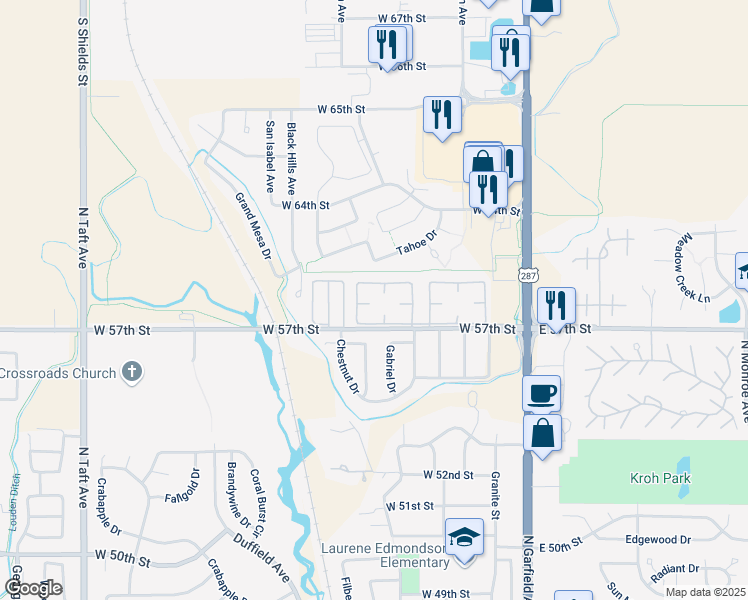 map of restaurants, bars, coffee shops, grocery stores, and more near 221 West 57th Street in Loveland