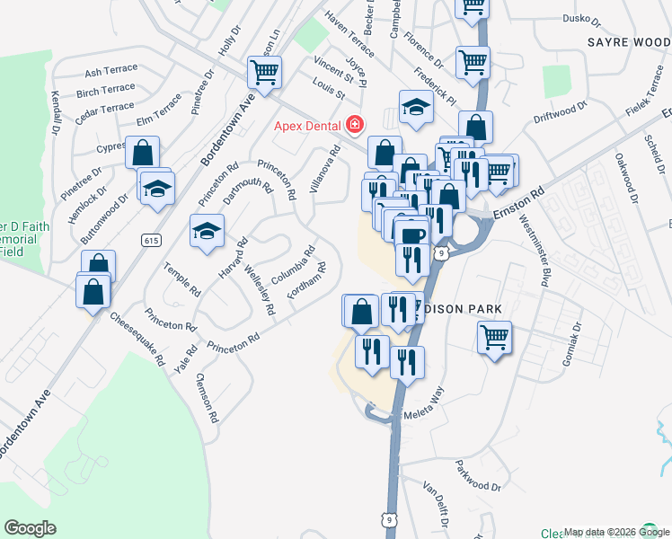 map of restaurants, bars, coffee shops, grocery stores, and more near 149 Princeton Road in Old Bridge