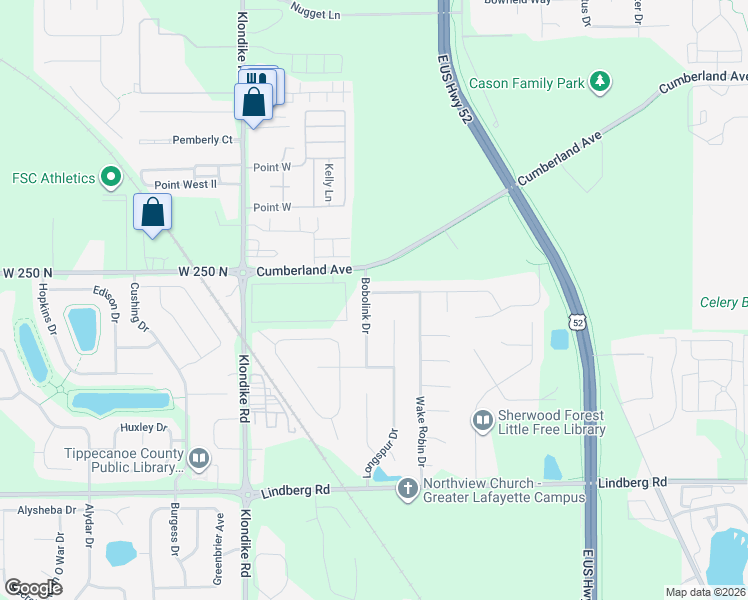 map of restaurants, bars, coffee shops, grocery stores, and more near 2315 Bobolink Drive in West Lafayette