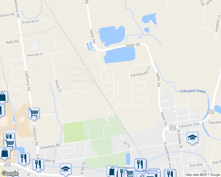 map of restaurants, bars, coffee shops, grocery stores, and more near 1238 Fieldstone Court in Quakertown