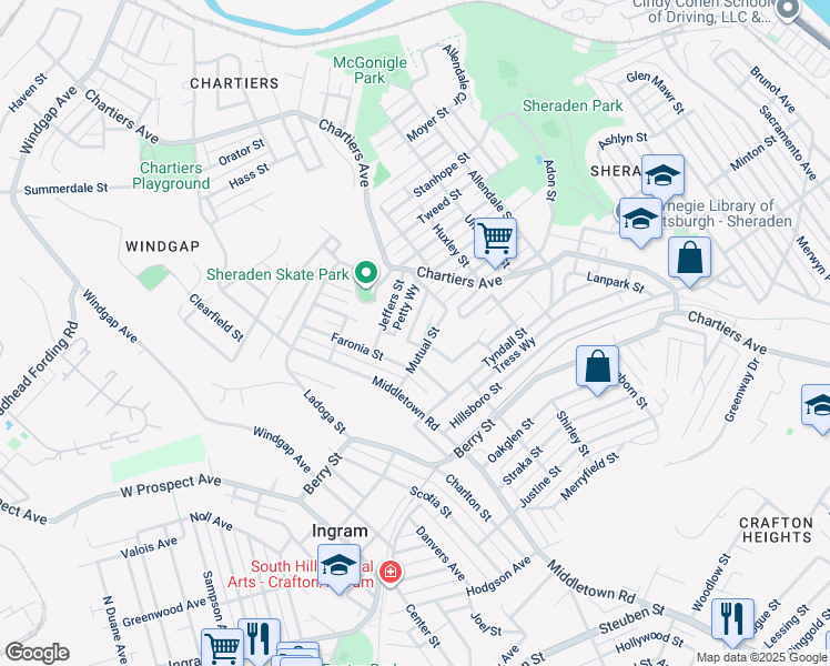 map of restaurants, bars, coffee shops, grocery stores, and more near 1345 Pritchard Street in Pittsburgh