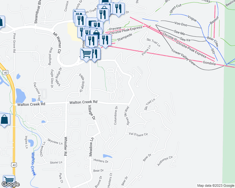 map of restaurants, bars, coffee shops, grocery stores, and more near 3031 Mountaineer Circle in Steamboat Springs
