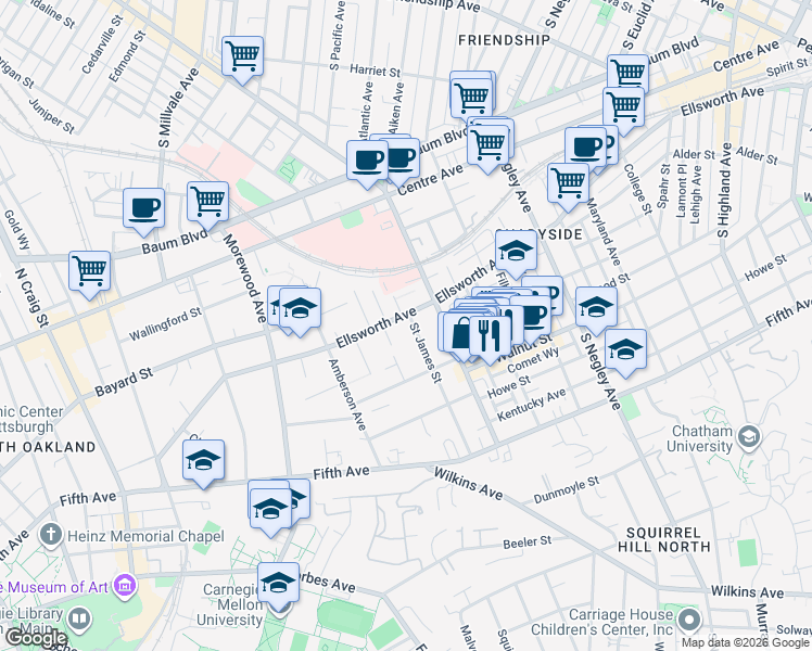map of restaurants, bars, coffee shops, grocery stores, and more near 5238 Ellsworth Avenue in Pittsburgh