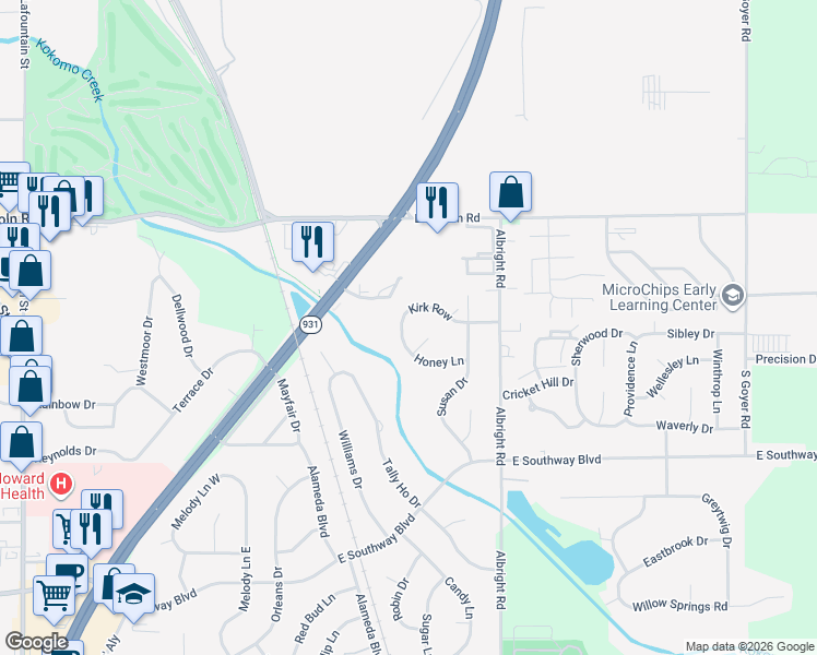 map of restaurants, bars, coffee shops, grocery stores, and more near 1305 Kirk Row in Kokomo