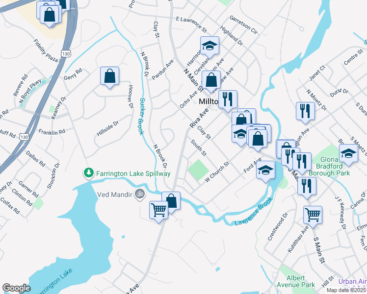 map of restaurants, bars, coffee shops, grocery stores, and more near 106 Riva Avenue in Milltown