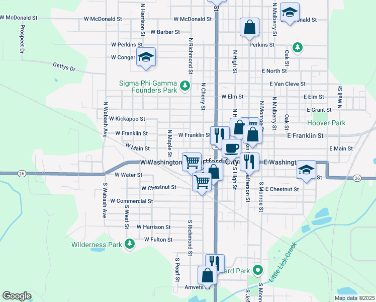 map of restaurants, bars, coffee shops, grocery stores, and more near 501 West Main Street in Hartford City