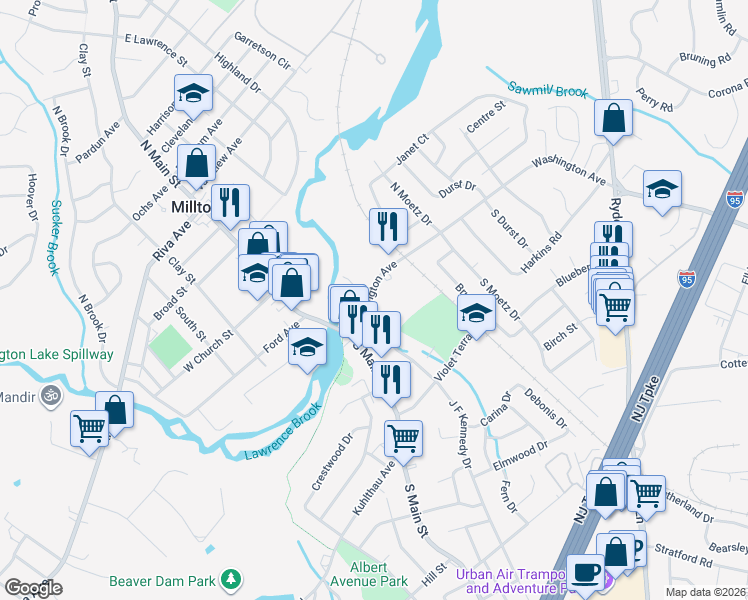 map of restaurants, bars, coffee shops, grocery stores, and more near 40 Washington Avenue in Milltown